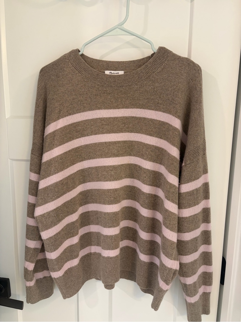 Madewell Taupe & Light Pink Striped Crewneck Sweater